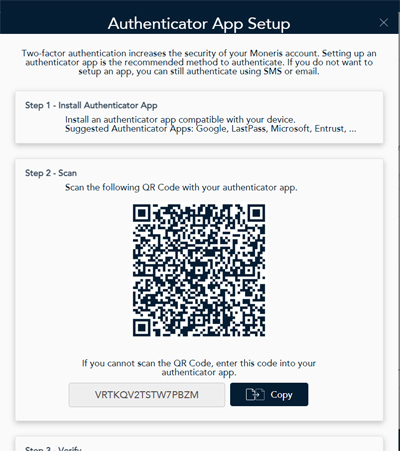 Authenticator app setup popup shows the steps to take next and a QR code is displayed.